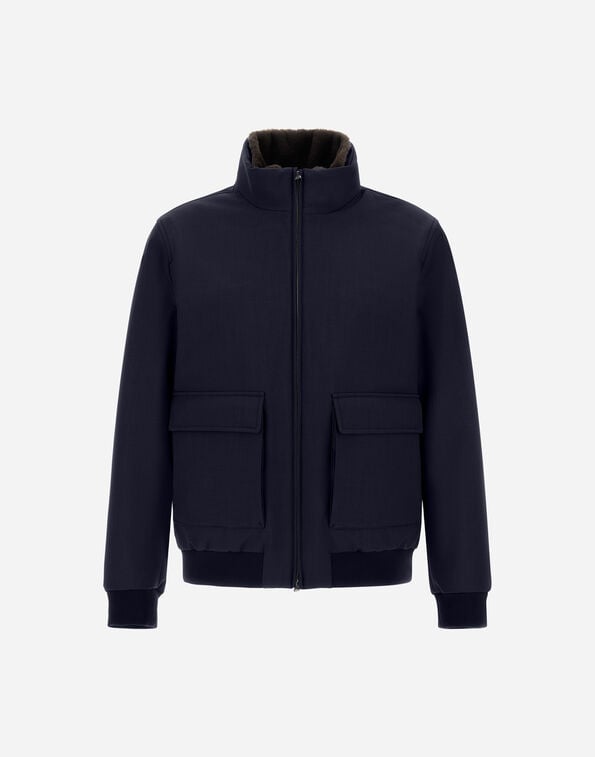 Herno WOOLLEN MELANGE TWILL AND LIGHT FAUX FUR BOMBER JACKET Navy Blue GI000542U127309250