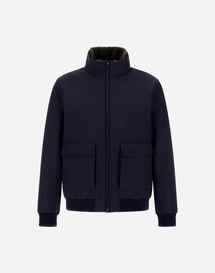 Herno WOOLLEN MELANGE TWILL AND LIGHT FAUX FUR BOMBER JACKET Navy Blue GI000542U127309250