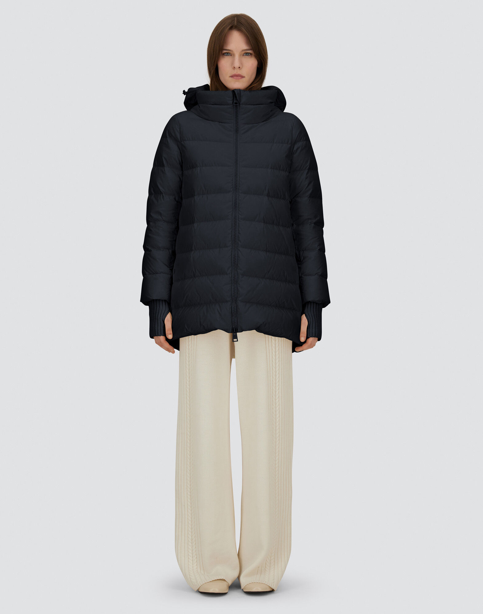 HERNOナイロンコート レディース ナイロンシャモニー Aシェイプ コート ブラック