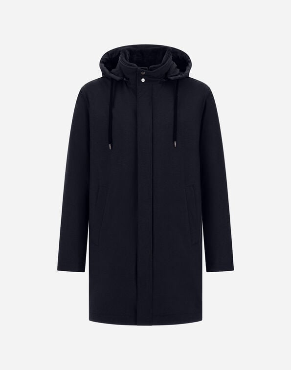 Herno RESORT PARKA IN MELANGE-EFFECT STRETCH NYLON AND LIGHT FAUX FUR Navy Blue PA00032UR12742S9200