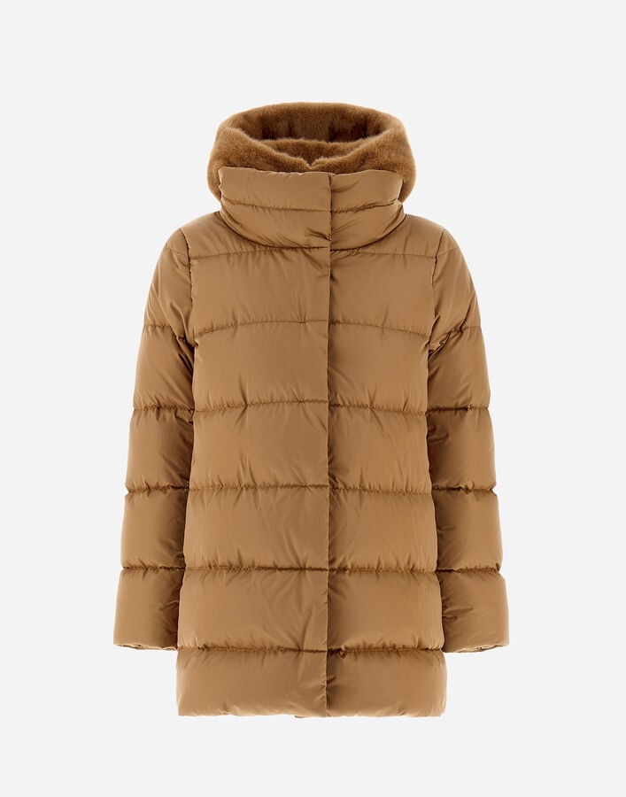 A-SHAPE JACKET IN SATIN AND LADY ALTERNATIVE FUR Herno Herno A-SHAPE JACKET IN SATIN AND LADY ALTERNATIVE FUR Camel PI001934D12170Z2157